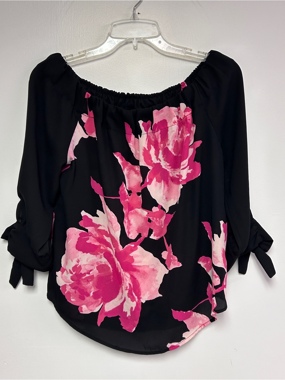 Black Off-Shoulder Blouse with Pink Floral Print and Tie Sleeves